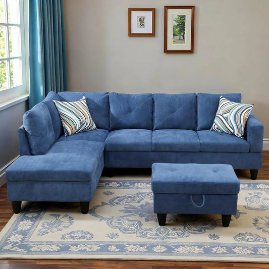 Blue L-Shaped Sectional Sofa with Movable Chaise & Storage Ottoman, Modular Convertible Couch for Living Room