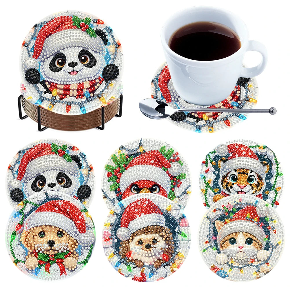 6Pcs Wooden Christmas Animals Diamond Painting Coasters DIY Coaster Diamond Dot Kits Round Diamond Art Coasters for Party Decor