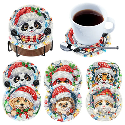 6Pcs Wooden Christmas Animals Diamond Painting Coasters DIY Coaster Diamond Dot Kits Round Diamond Art Coasters for Party Decor