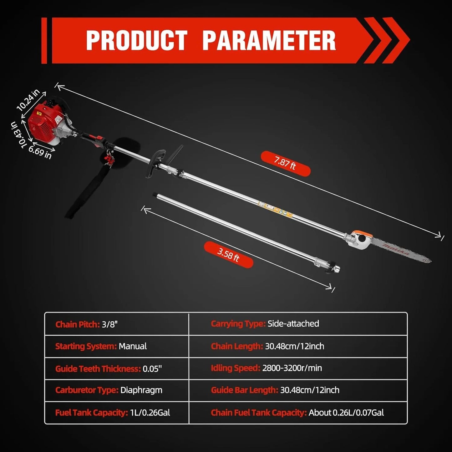 42.7CC Gas Powered Pole Saws 2-Stroke Gas Pole Saws with Single-Cylinder , Pole Chainsaw Suitable for Pruning Branches