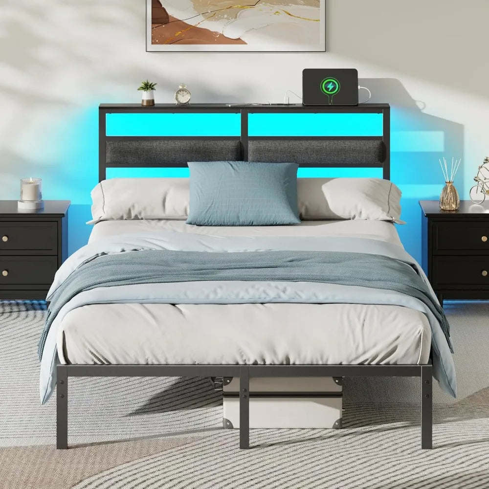 Bed Frame with Headboard, Bed Frame with LED Light and Charging Station, Black Metal Platform Bedframe and Storage Shelf