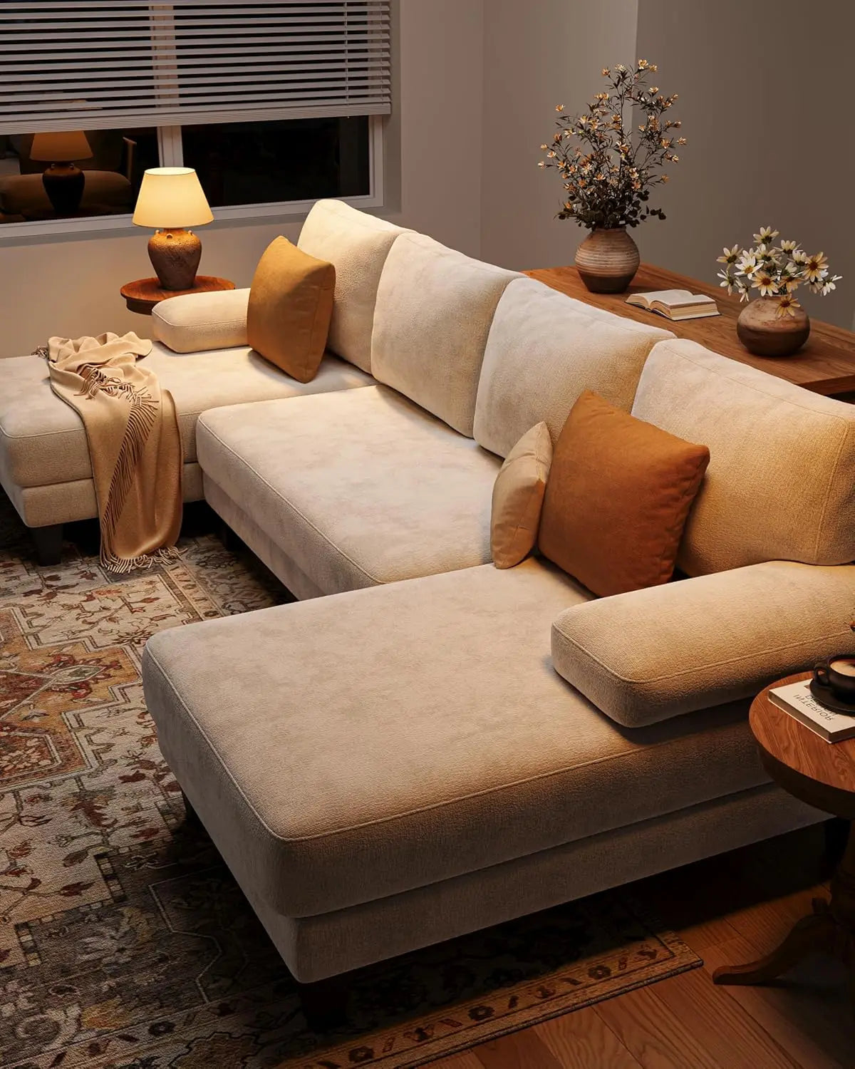 U-Shaped Sectional Couch Double Chaise Chenille Upholstery 112in Modern Living Room Apartment, Customized