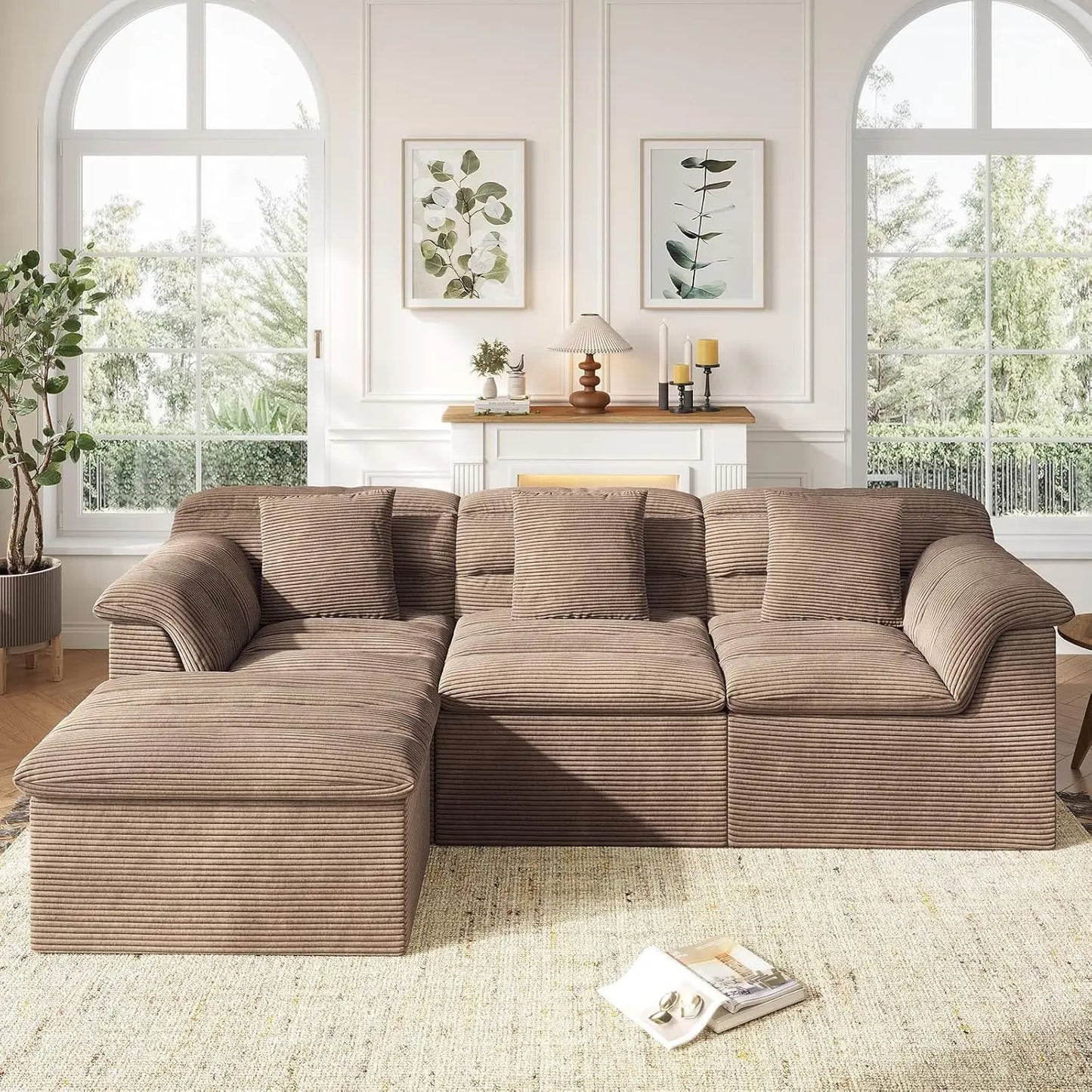112" Modular Cloud Sectional Couch with Ottoman, Modern Upholstered Compressed Sofa with Deep Seat, Comfy L-Shape,Customized