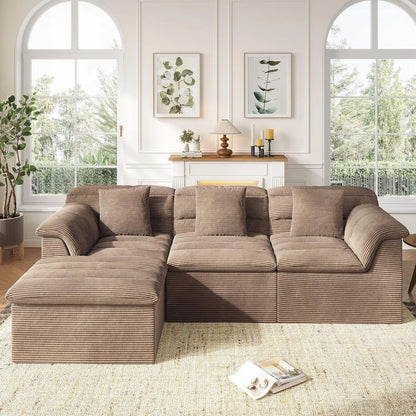 112" Modular Cloud Sectional Couch with Ottoman, Modern Upholstered Compressed Sofa with Deep Seat, Comfy L-Shape,Customized