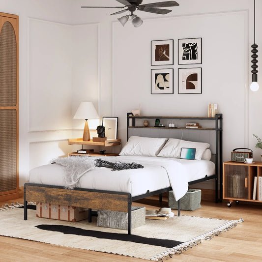 Redlife Full Size & Queen Bed Frame w/ Upholstered Headboard Metal Bed Frame w/ Charging Station Noise Free No Box Spring Needed