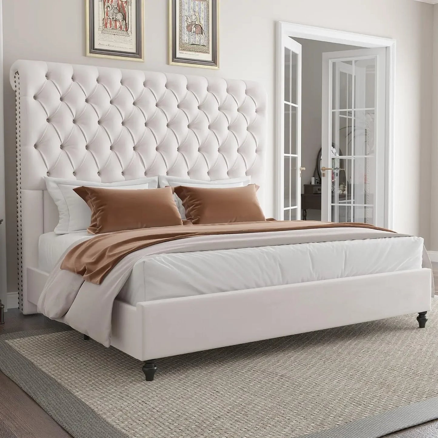 King Size Bed Frame 60" Tall Sleigh Headboard Bed with Velvet Upholstered Platform, No Box Spring Needed