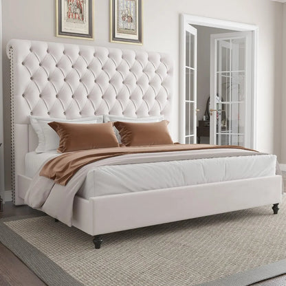 King Size Bed Frame 60" Tall Sleigh Headboard Bed with Velvet Upholstered Platform, No Box Spring Needed