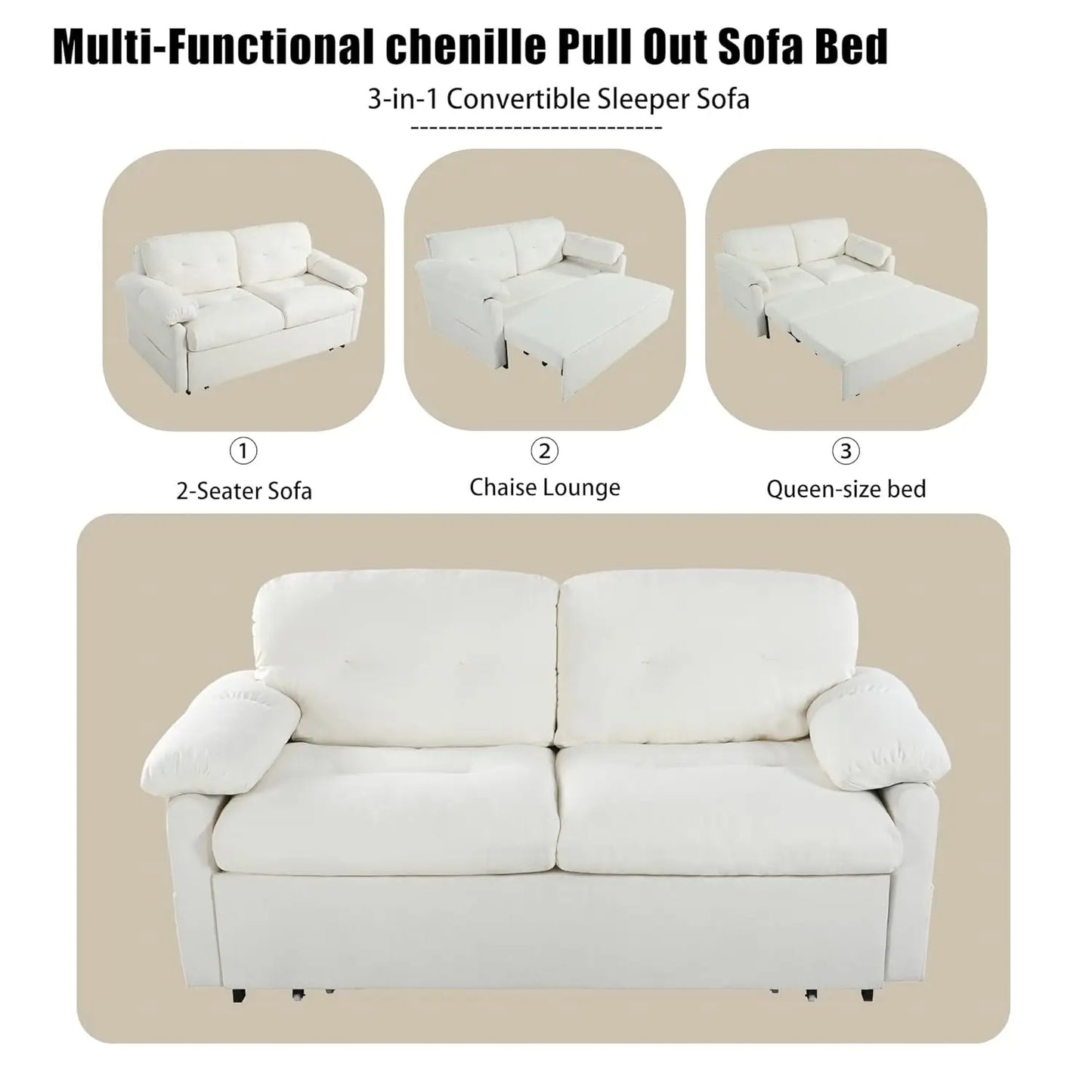 71.65" Convertible Pull-Out Sofa Bed – 3-in-1 Sleeper Couch for Small Apartment, Living Room & Bedroom – Queen-Size, Customized
