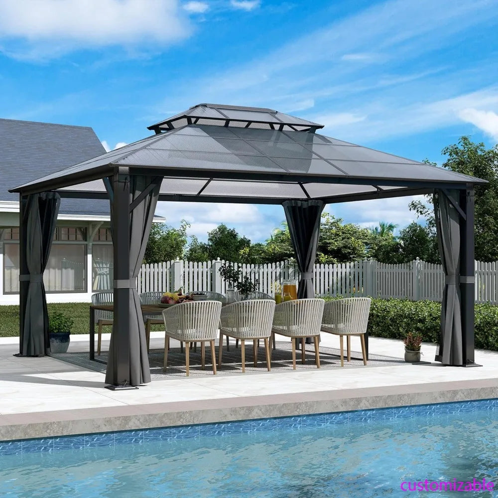 12' x 14' Hardtop Gazebo with Double Polycarbonate Roof, Metal Frame, Netting & Curtains for Outdoor Garden Patio