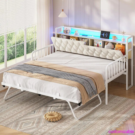Daybed with Trundle, Twin to King Daybed with Charging Station & LED Lights, Metal Trundle Bed Twin with Hidden Storage Headboar