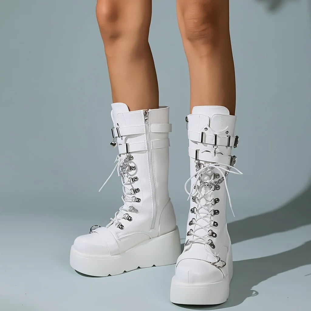 Women's Gothic Punk Combat Boots Wedge Heel Round Toe Mid-Calf Booties with Side Zipper Y2K Gothic Fashion LadiesDress Footwear,