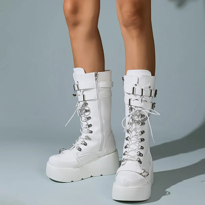 Women's Gothic Punk Combat Boots Wedge Heel Round Toe Mid-Calf Booties with Side Zipper Y2K Gothic Fashion LadiesDress Footwear,