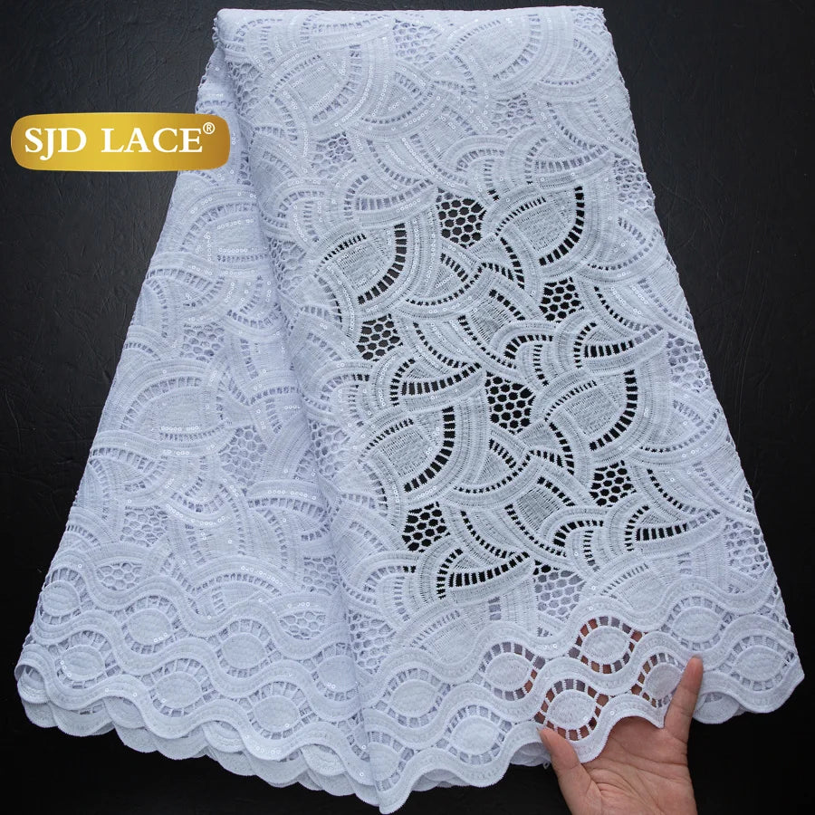 SJD LACE African Sequins Guipure Cord Lace Fabrics 5 Yards White 2025 New Nigerian Water Soluble Lace For Women Dresses Sew 4197