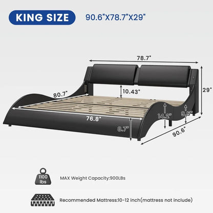 Modern King Size LED Bed Frame with USB Charging Ports, Low Profile Platform Bed with RGB Lights and Wood Slats Support, Black