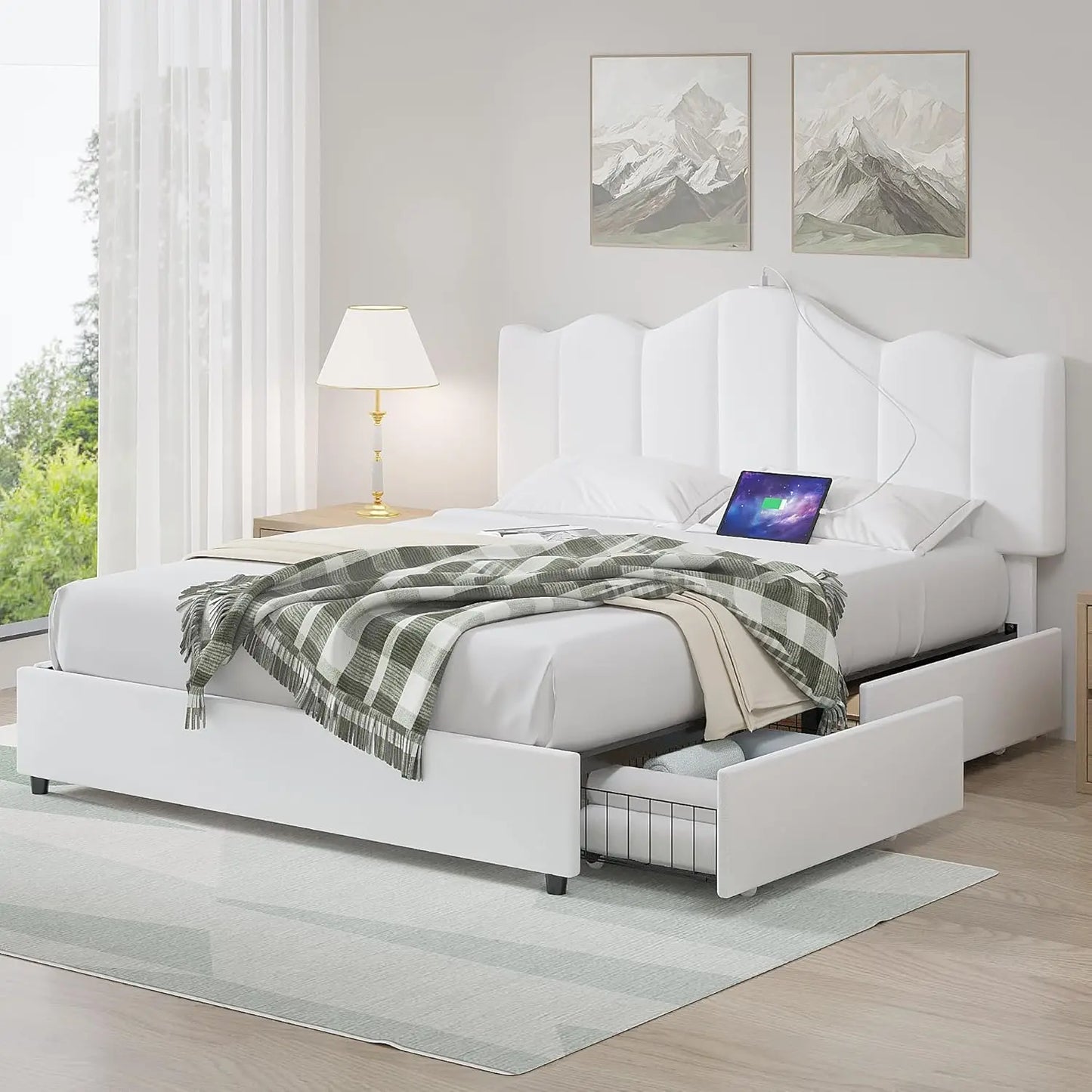 Queen Size Platform Bed Frame with Charging Stations & 4 Storage Drawers, Upholstered Adjustable Headboard, Wooden Slats Support