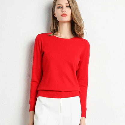 2023 Women Slim O-Neck Pullover Cashmere Wool Blending Sweater Autumn And Winter Long-Sleeved Knit Bottoming Shirt Large Size