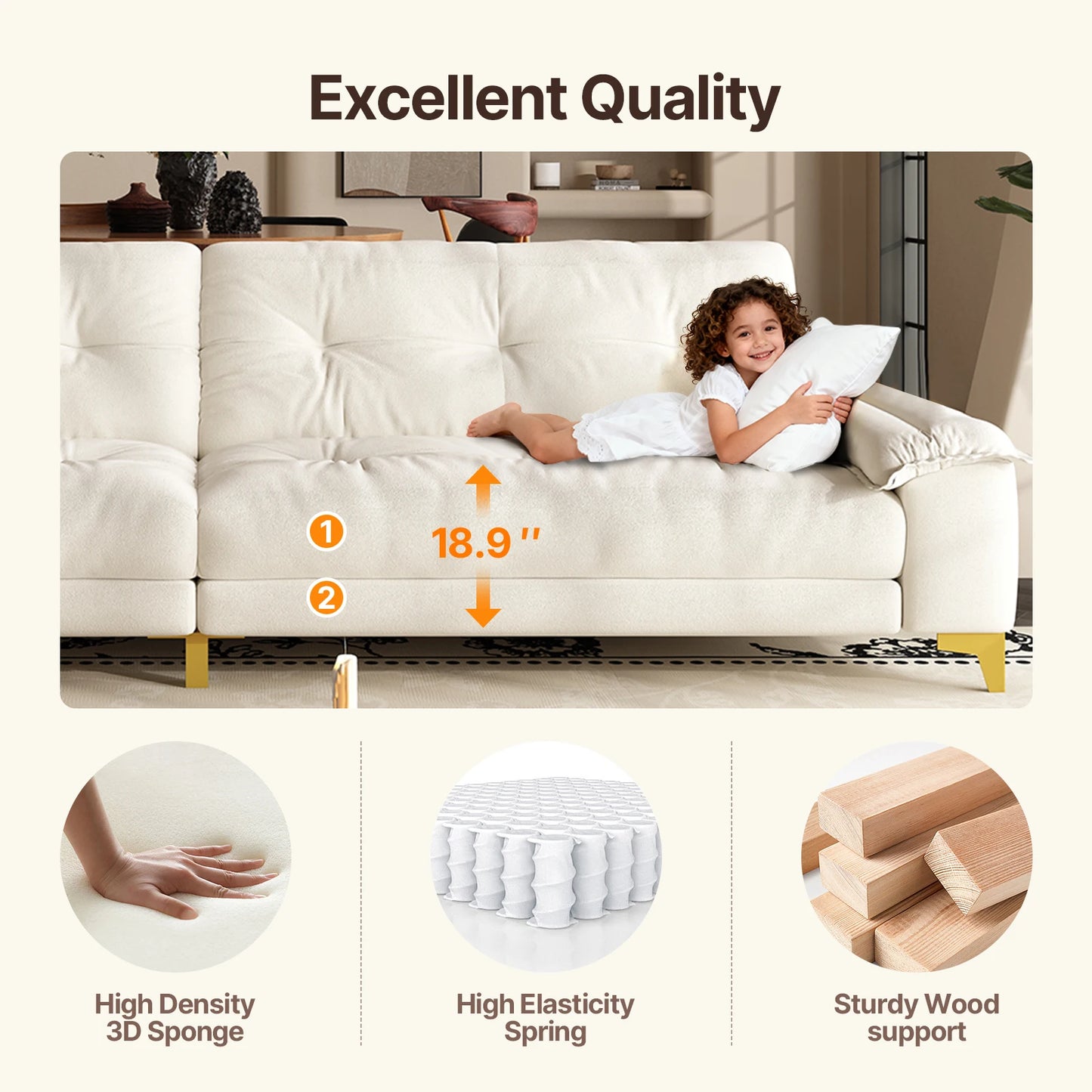 104.7" sectional Couch, mid-Century Modern 4-Seater Comfy Cloud Couch for Living Room Office, Button Tufted upholstered Metal Le
