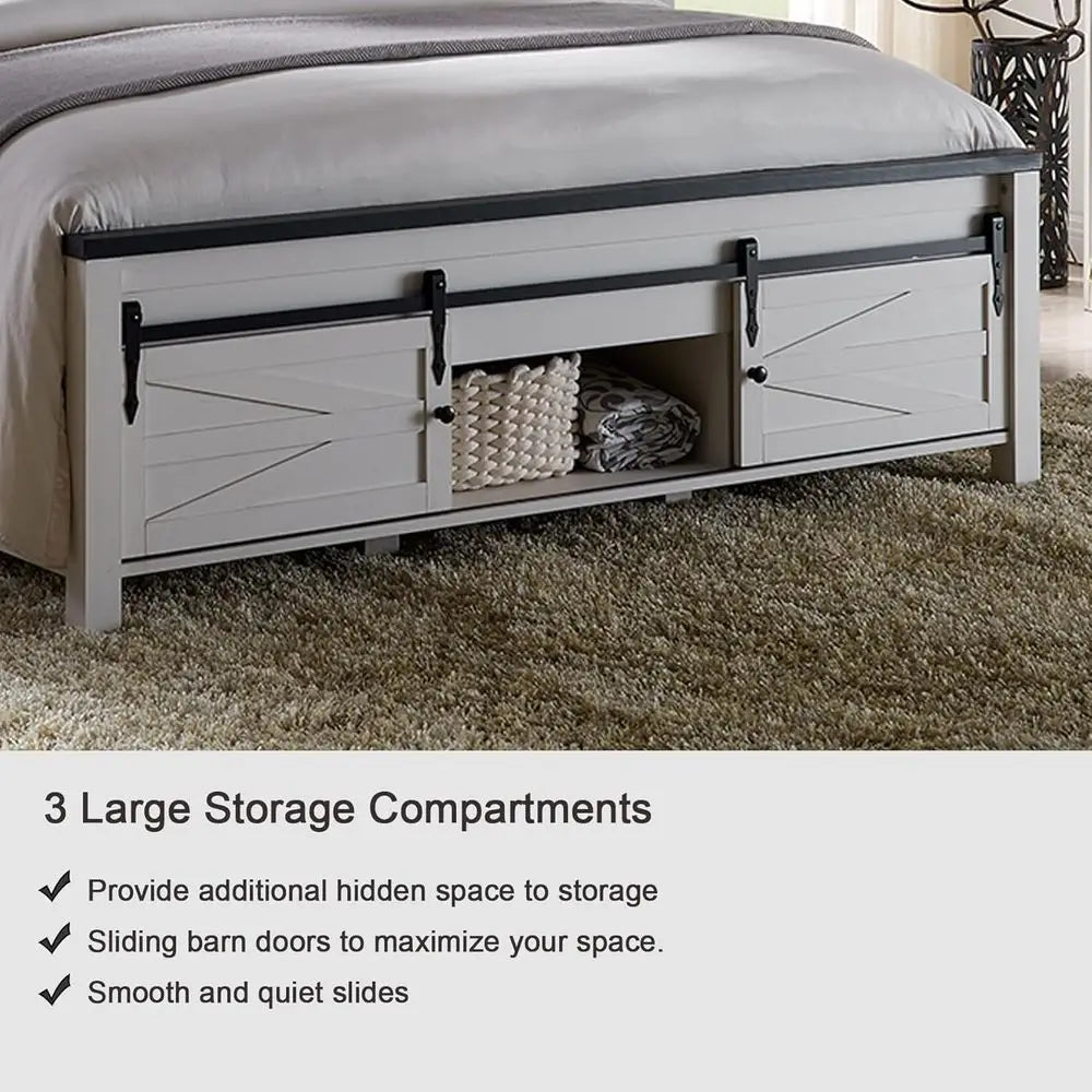 JXQTLINGMU Farmhouse King Size Bed Frame with 47" Tall Headboard, Wood King Bed Frame with Storage Cabinet, Solid Wood Slats Sup