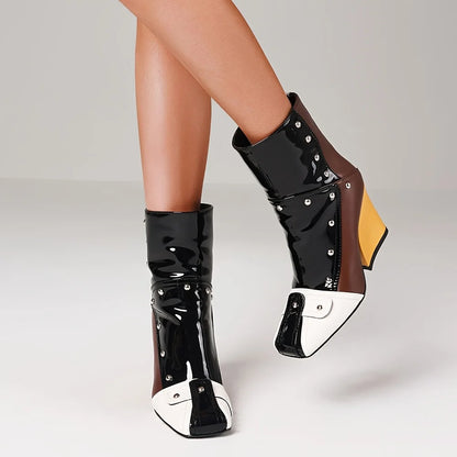 Women's Punk Square Toe Ankle Boots Fashion Rivet Patchwork Back Zipper Chunky High Heel Party Boots Woman