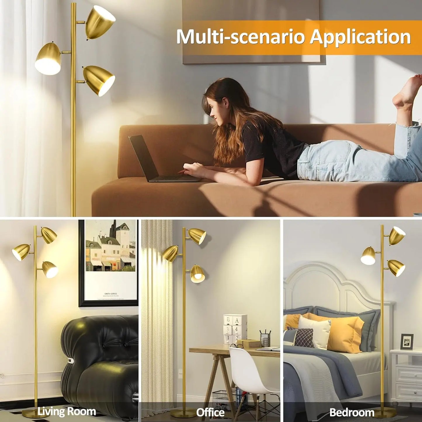 65" Modern Adjustable Floor Lamp with 3 E26 Bulbs, Gold Metal Heads for Living Room, Bedroom, Office