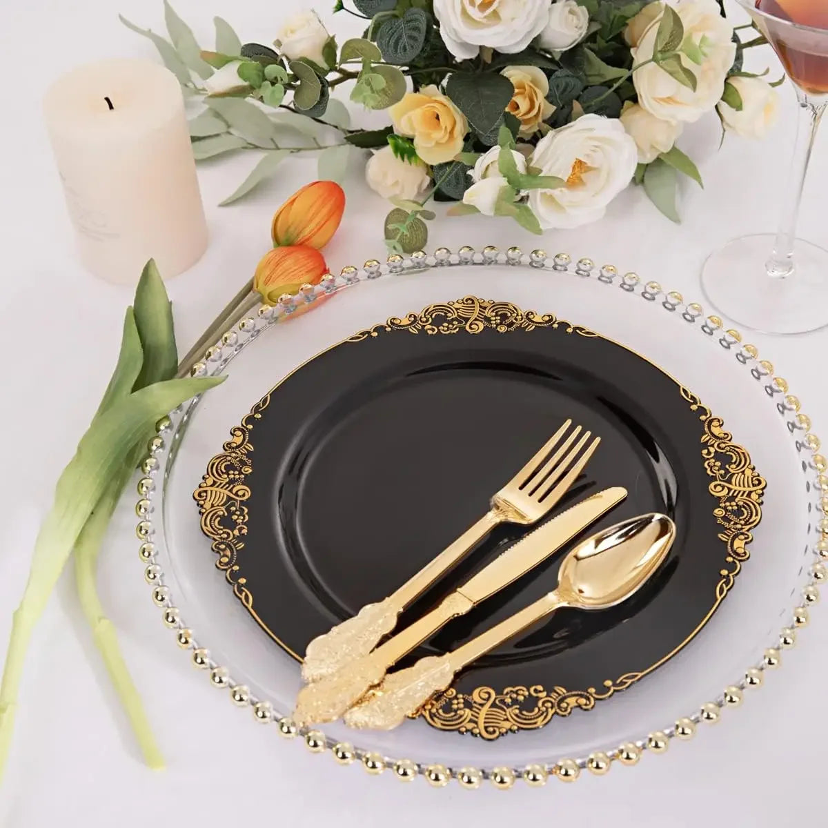 100PCS Black and Gold Plastic Plates - 10.25Inch Black Disposable Plates - Black Plastic Dinner Plates for Wedding & Parties