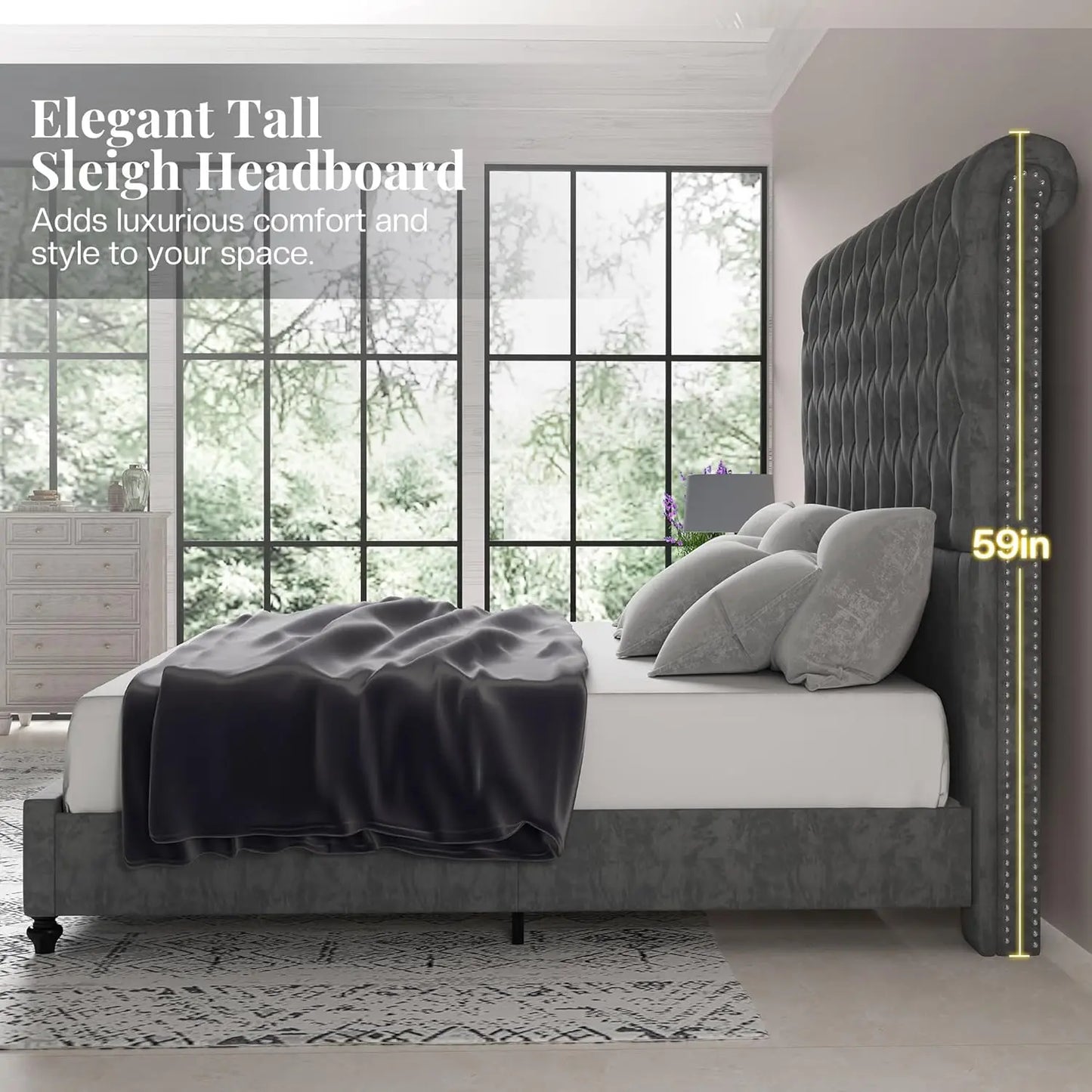 King Size Bed Frame with 59" Tall Upholstered Headboard, Luxury Velvet Bed with Handcrafted Deep-Tufted Design and, Customized