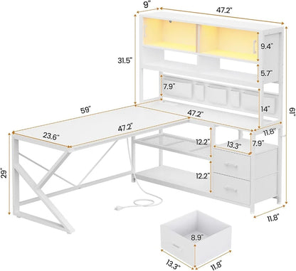 L-Shaped Gaming Desk with LED Lights, Glass Cabinet, Storage Shelves & Drawers, White Home Office Computer Corner Desk