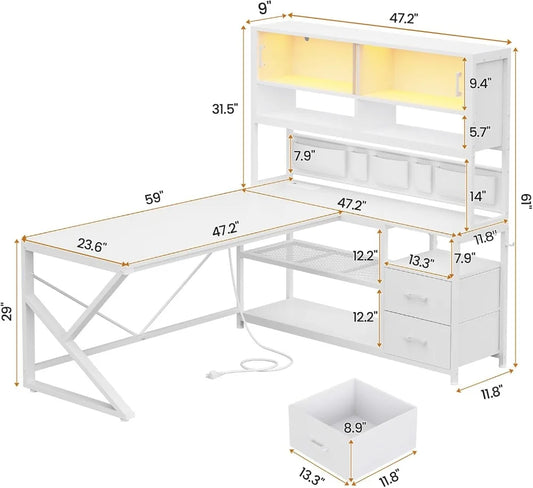 L-Shaped Gaming Desk with LED Lights, Glass Cabinet, Storage Shelves & Drawers, White Home Office Computer Corner Desk