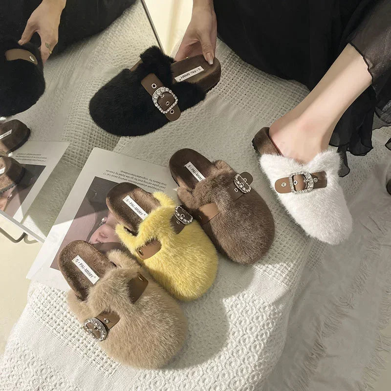 Winter Warm Plush Slippers for Women Closed Toe Faux Fur Cotton Shoes Woman Fashion Buckle Lightweight Flat Mules Shoes 2025