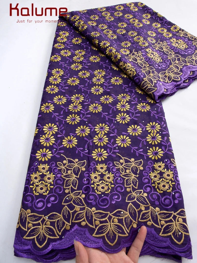 Kalume African Cotton Embroidered Lace Fabric With Stones 2025 Nigerian Swiss Voile Lace Fabric Flower For Sewing Dress F4325