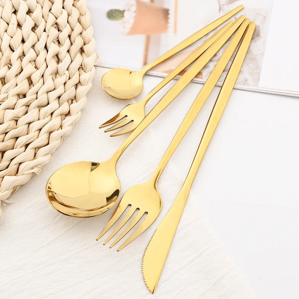 24pcs Silver Stainless Steel Cutlery Set Mirror Dinnerware Set Fork Knife Spoon Chopsticks Tableware Teaspoon Cake Fork Flatware