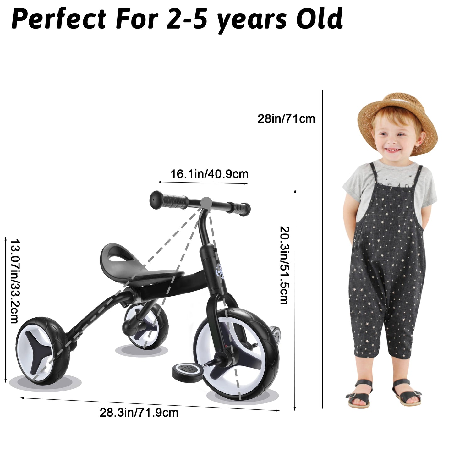 4 In 1 Kids Tricycle For 2-5 Years Old Boy & Girl Gift, Folding Toddler Balance Bike With Removable Pedals Balance Training Bike