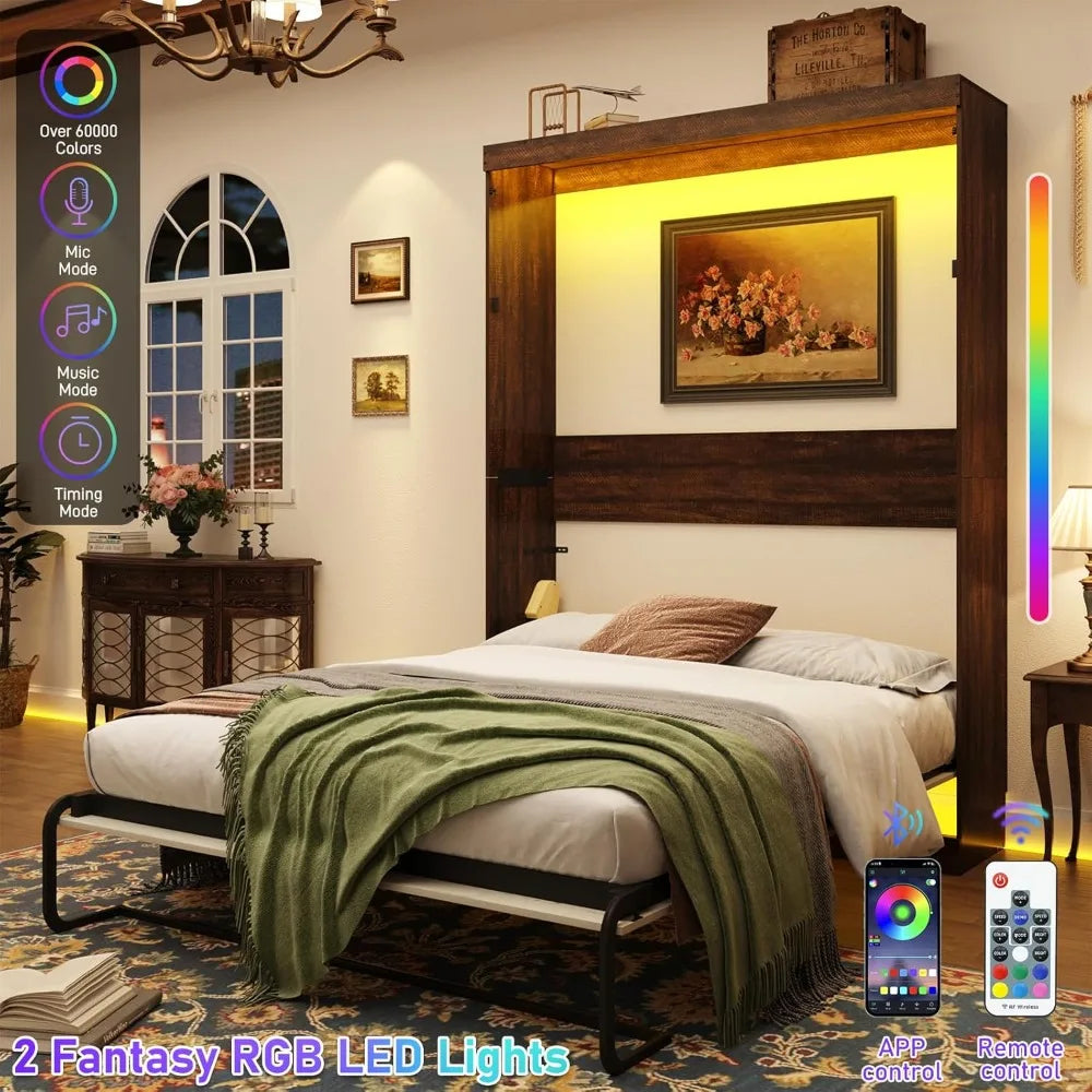 Queen Size Murphy Bed with LED Lights, Farmhouse Wood Hidden Wall Bed Frame, Space-Saving Storage Cabinet for Bedroom Office