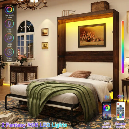 Queen Size Murphy Bed with LED Lights, Farmhouse Wood Hidden Wall Bed Frame, Space-Saving Storage Cabinet for Bedroom Office