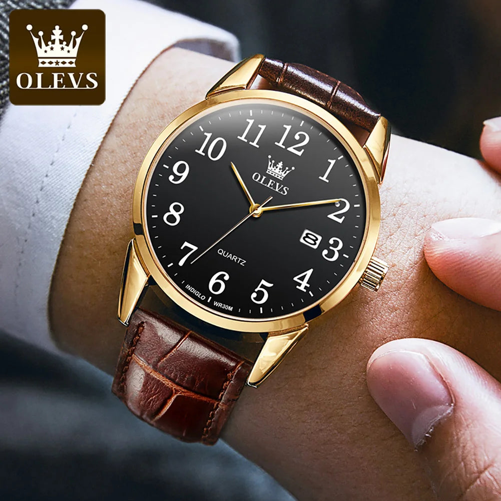 OLEVS Brand Fashion Quartz Watch for Men and Women Leather Strap Waterproof Original Watch Arabic Numeral Scale Giving to Elders