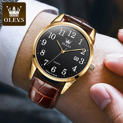 OLEVS Brand Fashion Quartz Watch for Men and Women Leather Strap Waterproof Original Watch Arabic Numeral Scale Giving to Elders