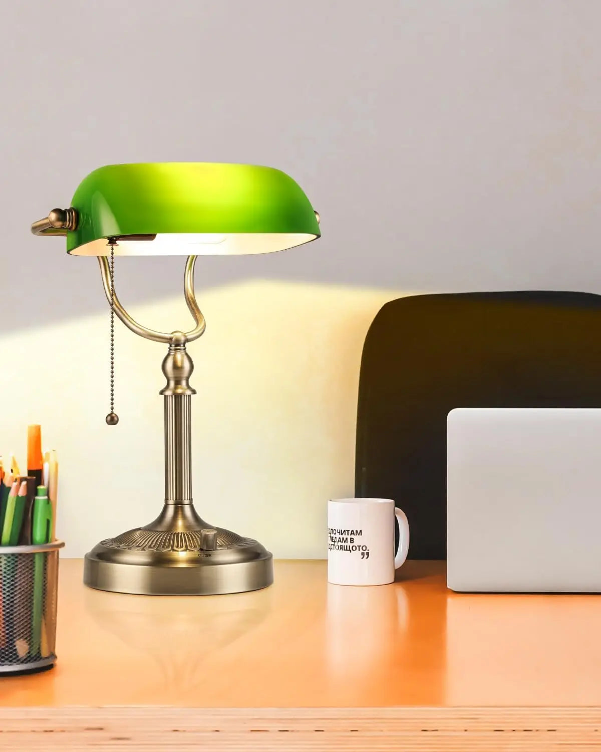 Green Glass Bankers Desk Lamp, Stepless Dimmable Table Lamp Plug in Fixture for Study, Office, LED Bulb Included