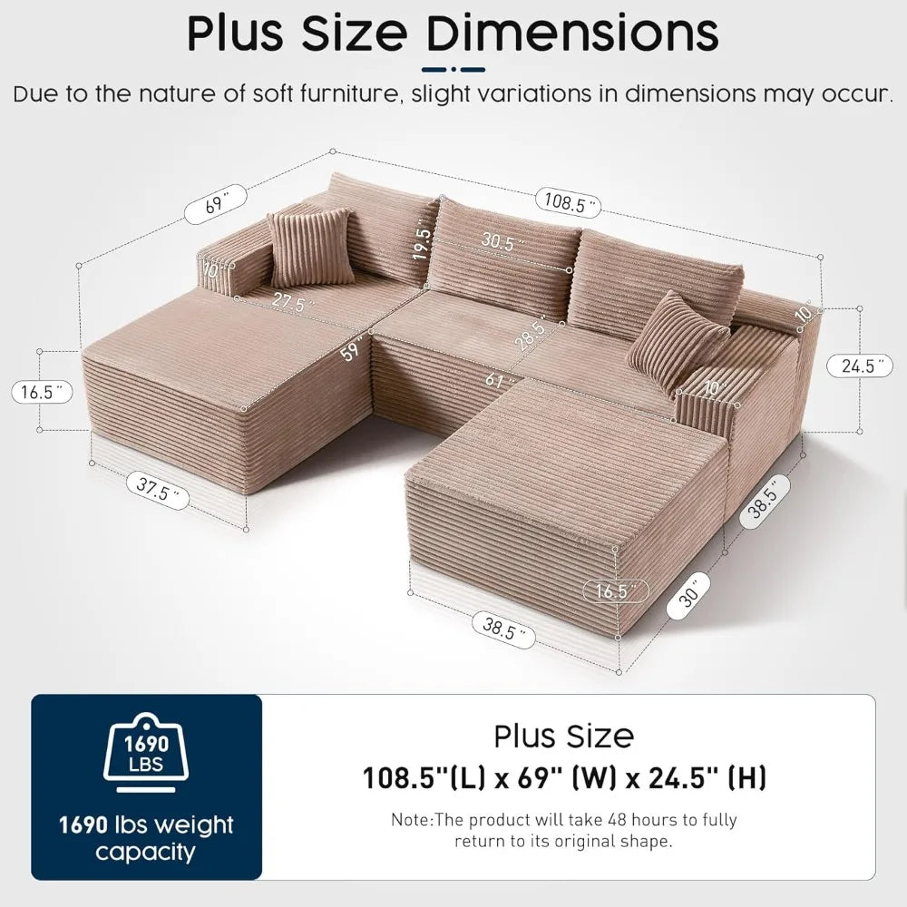 No Assembly Cloud Modular Sectional Sofa，108" U-Shape Corner Couch with Ottoman - Plush Corduroy, Deep Seating,Customized