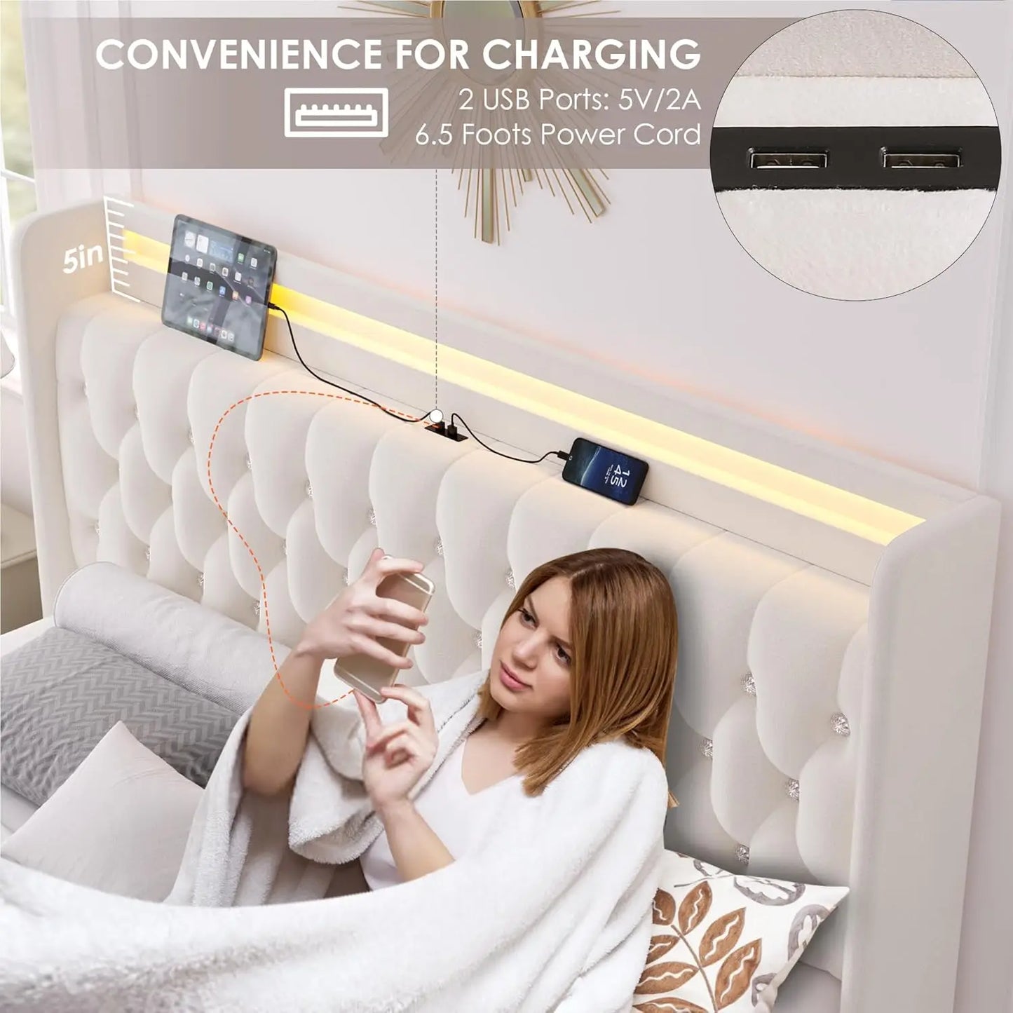 Queen LED Bed Frame with Charging Station and 4 Storage Drawers, Velvet Upholstered Platform Bed with Handcrafted, Customized