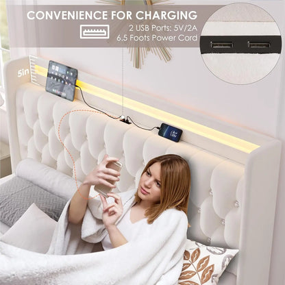 Queen LED Bed Frame with Charging Station and 4 Storage Drawers, Velvet Upholstered Platform Bed with Handcrafted, Customized