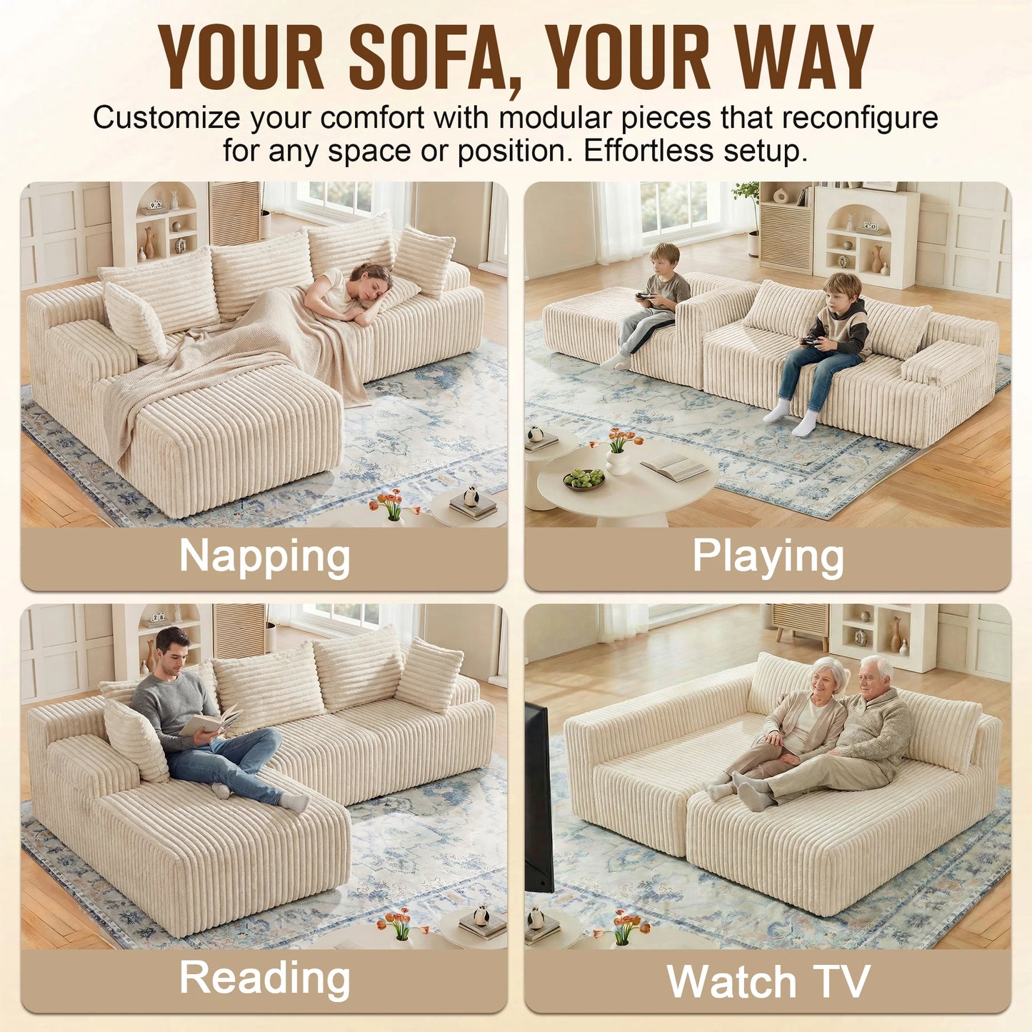 Redlife L-Shape Corduroy Sectional Sofa,Cloud-Like Couch,Boneless Couches, No Assembly Required,Deep Seat, for Living Room