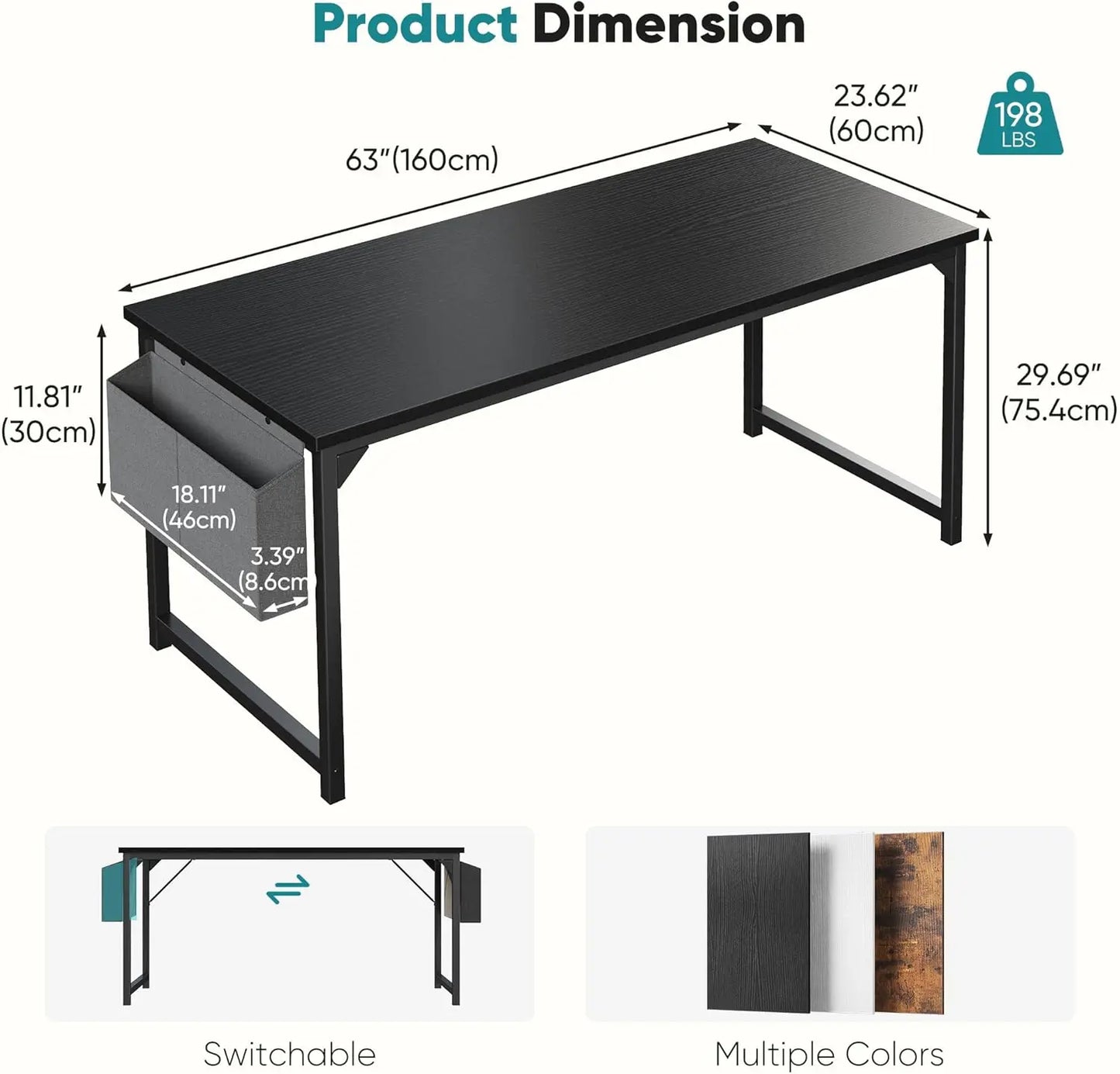 63 Inch Computer Desk for Small Spaces, Gaming Office Work Table with Storage Bag, Black White Brown