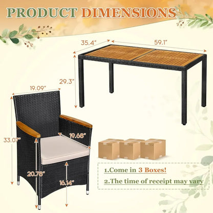 7 Piece Outdoor Patio Dining Set, Conversation Set, 1 Table and 6 Rattan Chairs, Curved Acacia Wood Armrests and Cushions