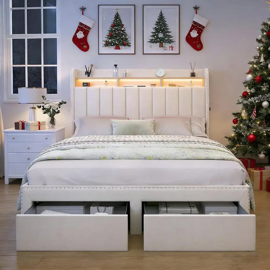 Modern Platform Bed with Upholstered Wingback Headboard, 2 Drawers, Channel Tufted, No Box Spring Needed Customized