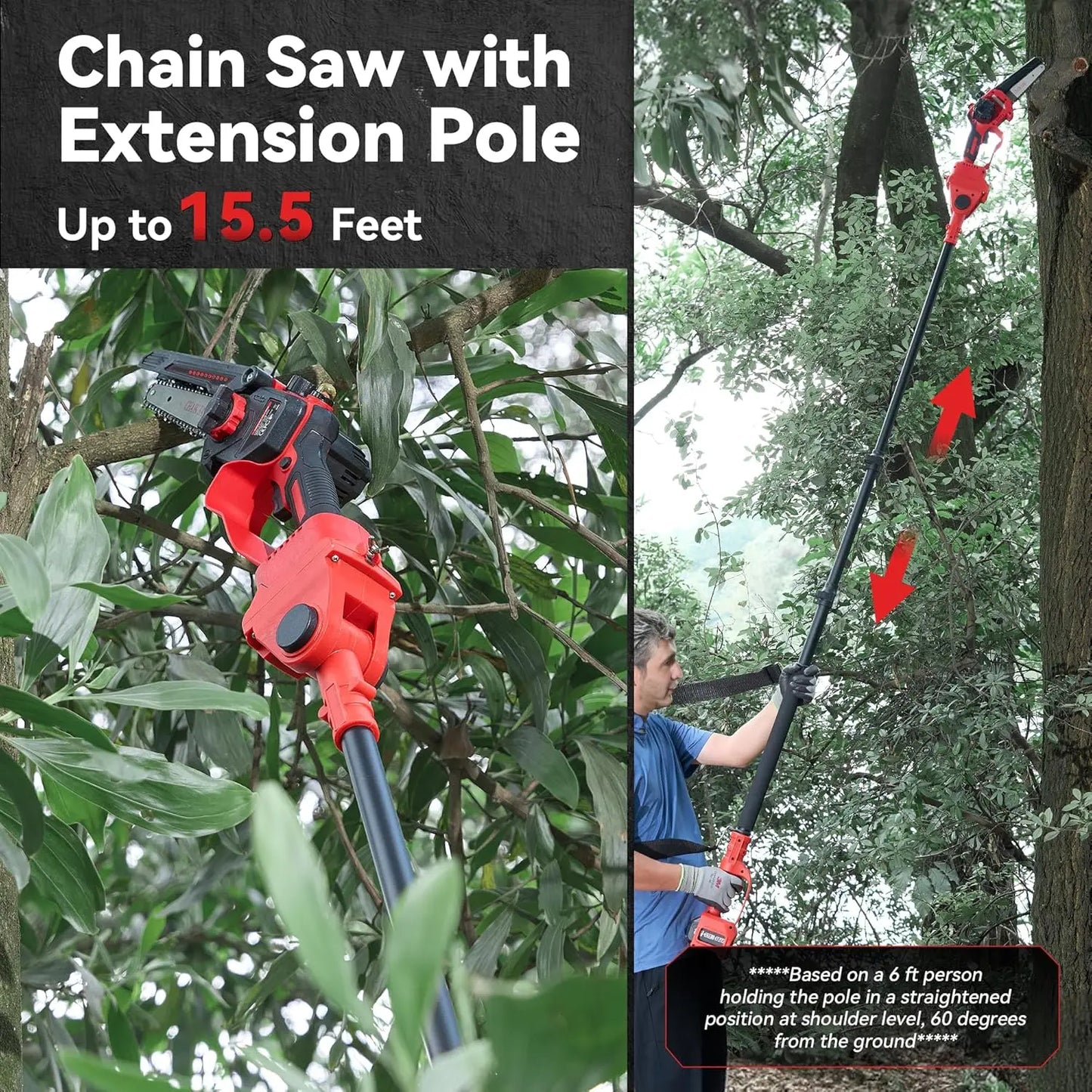 2-in-1 Electric Pole Saws Battery Powered: 6 Inch Mini Chainsaw Cordless with 15.5ft Long Reach Extension Pole