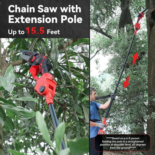 2-in-1 Electric Pole Saws Battery Powered: 6 Inch Mini Chainsaw Cordless with 15.5ft Long Reach Extension Pole