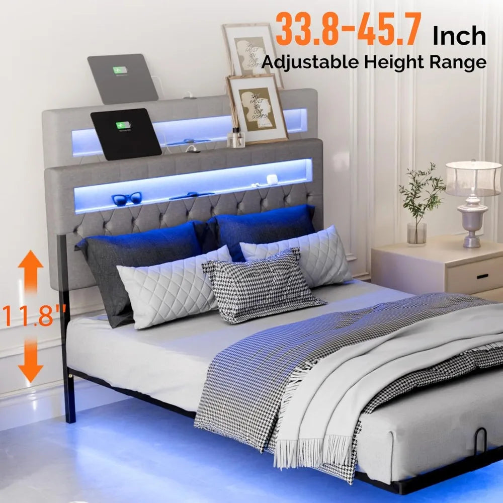 Full Size Floating Bed Frame with Charging Station,Modern Metal Full Bed with led Lights,Easy Assembly,Upholstered Bed Frame