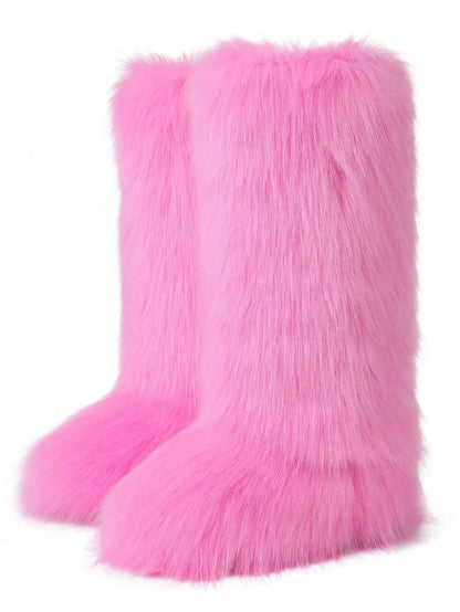 Furry Fluffy Women Snow Boots Warmplush Knee High Flats Luxury Fashion Punk Goth Cosplay Women Winter Shoes