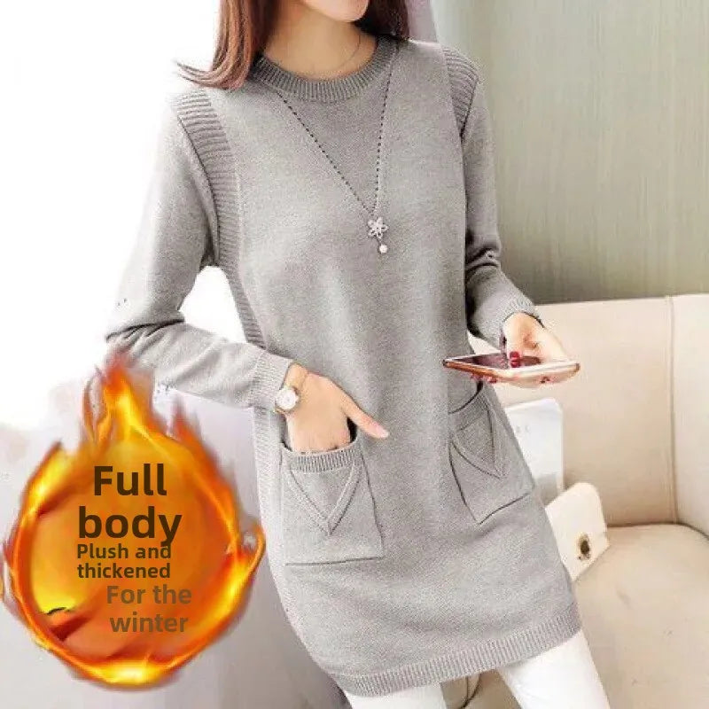 2024 New Style Korean Version Loose-Fit Medium-Length Knit Base Layer Top Women's Pullover Sweater Skirt Fleece-Lined Thickened