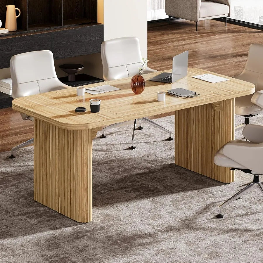 62-Inch Modern Executive Desk with Natural Oak Finish Large Aesthetic Wood Office Desk Featuring Double Pedestal Storage Ideal